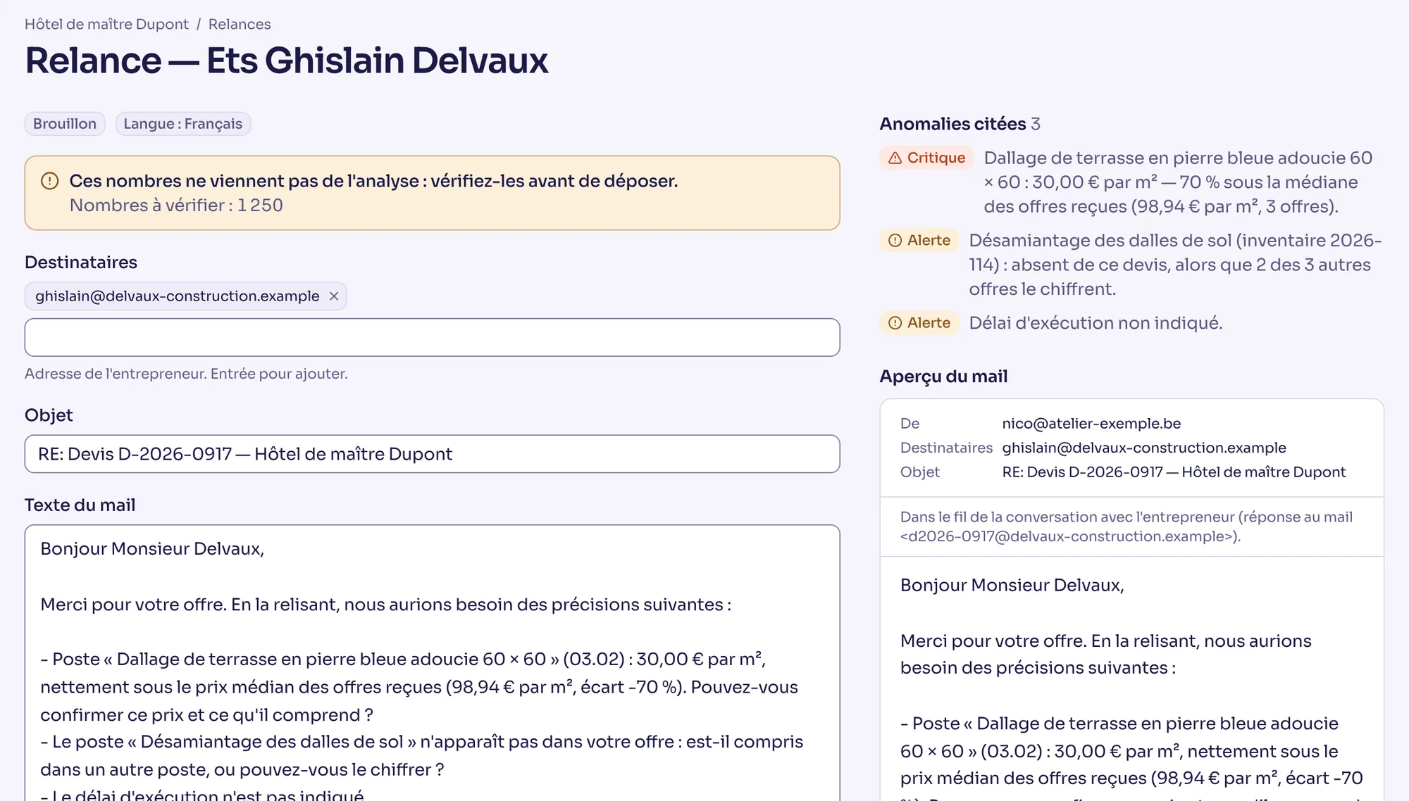 Relance préparée pour Ets Ghislain Delvaux : objet, texte citant les anomalies, aperçu du mail.